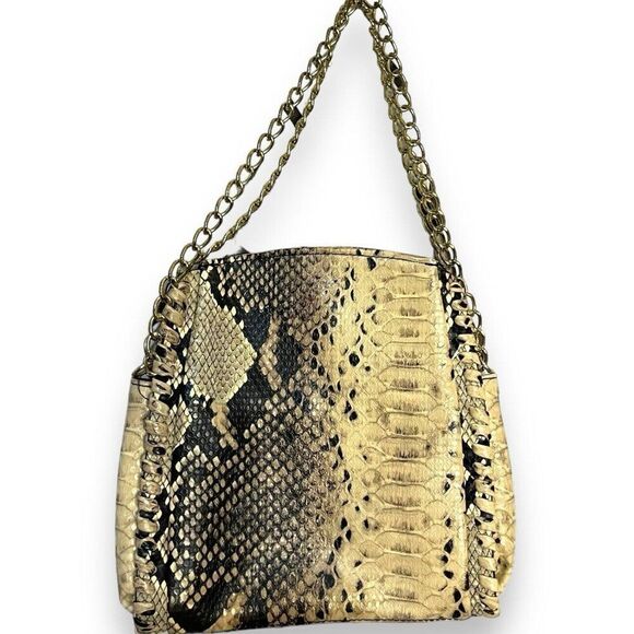 Steve Madden Faux Leather Python Snake Print Handbag Tote Womens Brown Chain - Picture 1 of 12